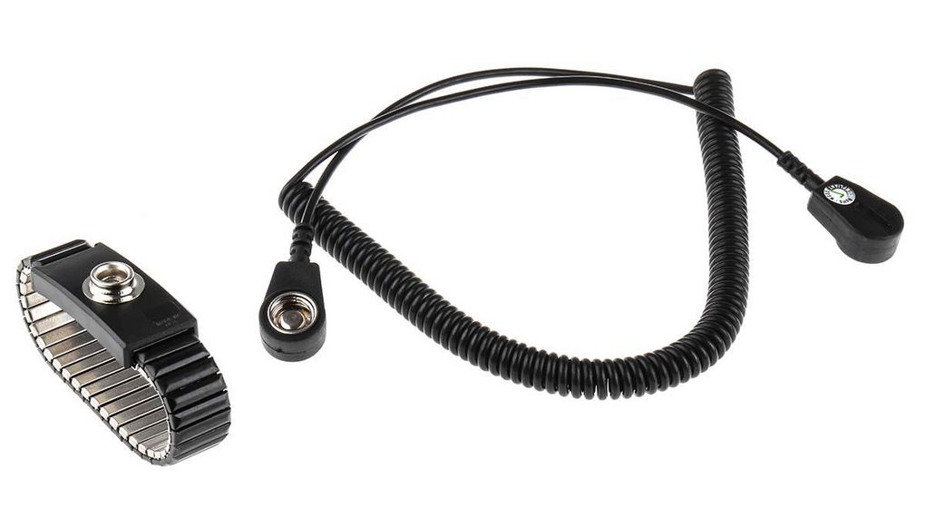 Bracelet de mise à la terre ESD avec cordon, Noir, Goujon 10 mm